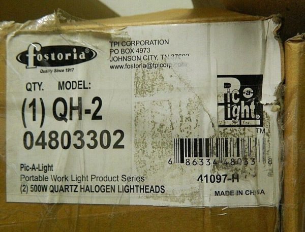 Fostoria Portable Work Light 120 Volt 1000 Watt Electric Halogen QH-2