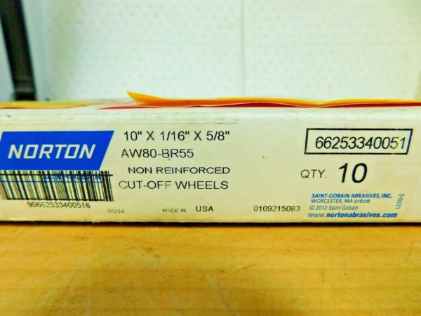 Norton Aluminum Oxide Cutoff Wheels 10" Diam 80 Grit 4585 RPM Qty 10 66253340051
