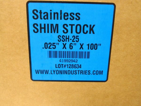 Lyon Industries Metal Shim Stock Stainless Steel .025" X 6" X 100" SSH-25