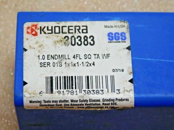 Kyocera SGS Carbide Square End Mill RH 1"D x 1-1/2"LOC x 4"OAL 4FL 30383