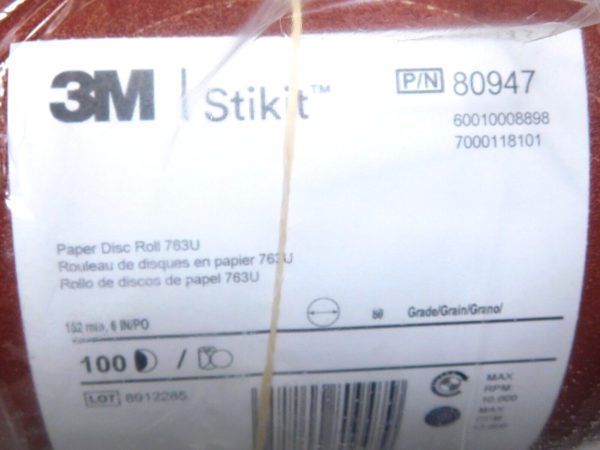 3M Stikit 6" Diameter 80 Grit 763U 100 Disk Roll Adhesive backed. 763U Discs