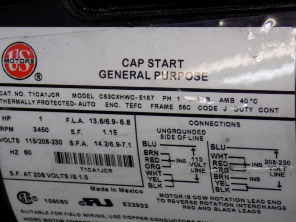 US Motors 1Hp General Purpose Motor 3,450RPM 1Spd 1Ph PARTS/REPAIR C63CXHWC-5167