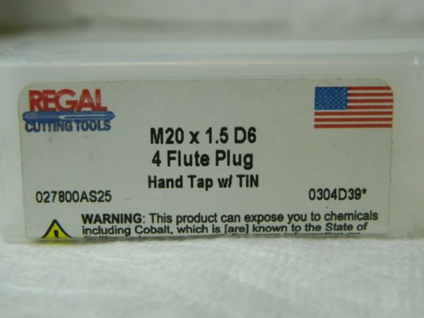 Regal HSS Straight FL Standard Hand Tap M20x1.50 Metric Fine D6 4FL 027800AS25