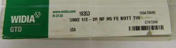 Widia GTD Bottoming Thread Forming Tap 1/2"-20 NF H5 FE TiN HSS #18353