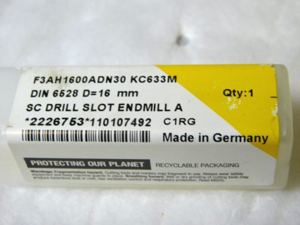 Kennametal Solid Carbide Drill Slot End Mill 16mm Dia 3Fl 92mm OAL 2226753