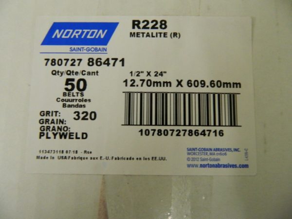 Norton Aluminum Oxide Belts Aprx 50 Pack 1/2" Wide 24" Long 320 Grit 78072786471