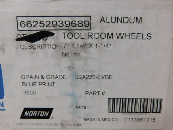 Norton 7" Diam x 1-1/4" Hole x 1/4" Thick Surface Grinding Wheel 01056357