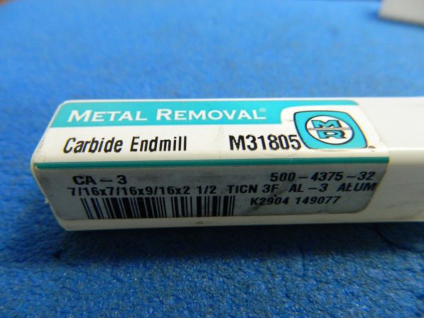 Metal Removal End Mill 7/16" x 7/16" x 9/16" x 2-1/2" TiCN 3F Carbide #M31805
