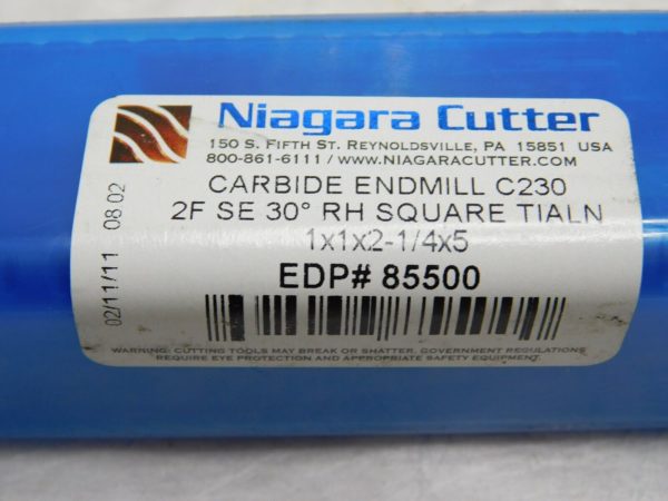 Niagara Cutter Carbide Square End Mill RH TiAlN 2FL 30º 1"x1"x 2-1/4"x5" 85500