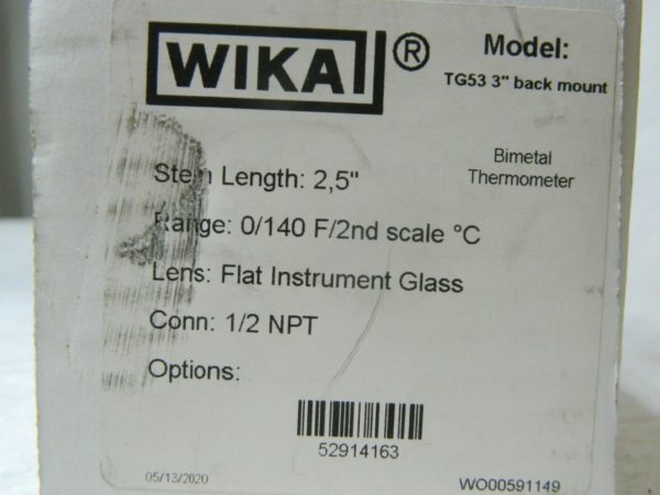Wika Bi-Metal Thermometer 2-1/2" Stem 0 to 140° F 52914163