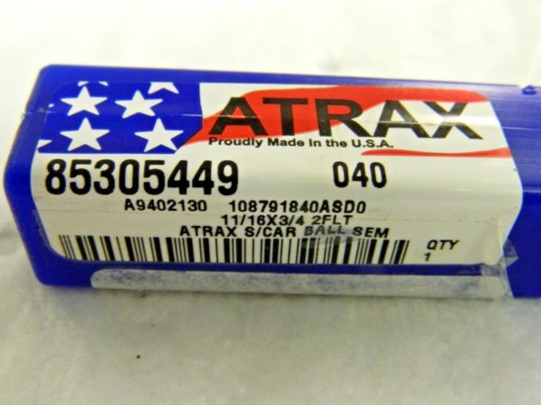 Atrax Carbide Ball End Mill 11/16" Diam x 1-3/8" LOC 2FL 85305449