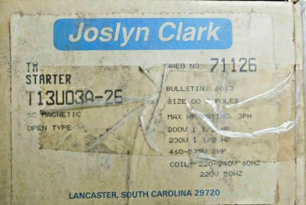 Josyln Clark Starter Type TM 9 NEMA Size 00 3 Pole 1-1/2 @ 230V T13U03A-26
