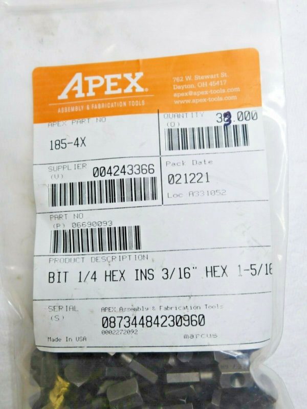 Apex 3/16" Hex Screwdriver Bits 1/4" Drive x 1-5/16" OAL Qty 33 Pieces 185-4X