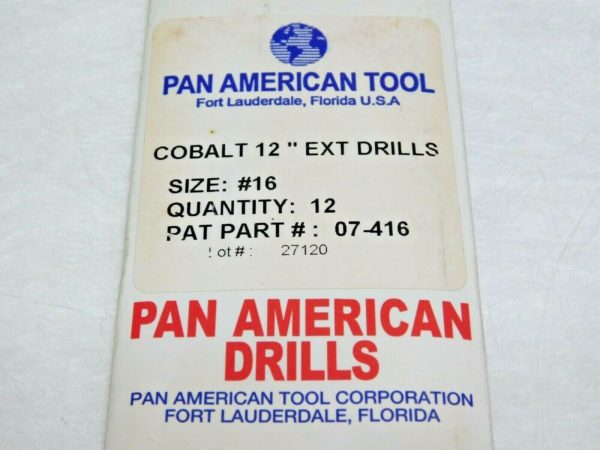 12 PACK Pan American Drills Cobalt Aircraft Extension Drills #16 12"OAL 07-416