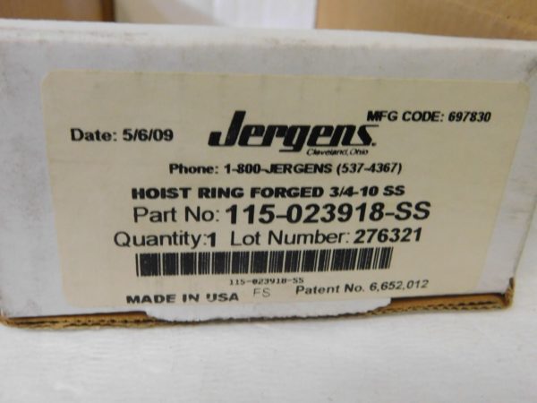 Jergens SS Forged Center Pull Hoist Ring 5000Lb Capacity 3/4-10 Thread 23918-SS