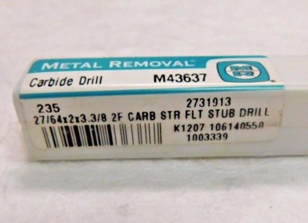 Metal Removal Carbide Straight Flute Drill Bit 27/64" 140º 2FL M43637