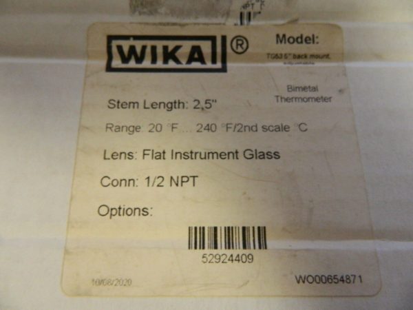 Wika 2-1/2" Stem, 50 to 400° F Bi-Metal Thermometer