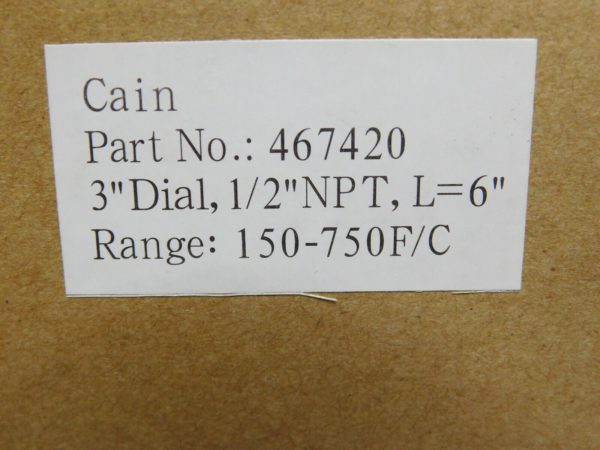 Cain Thermometer 3" Dial 1/2" NPT L=6" 150-750 F/C 467420