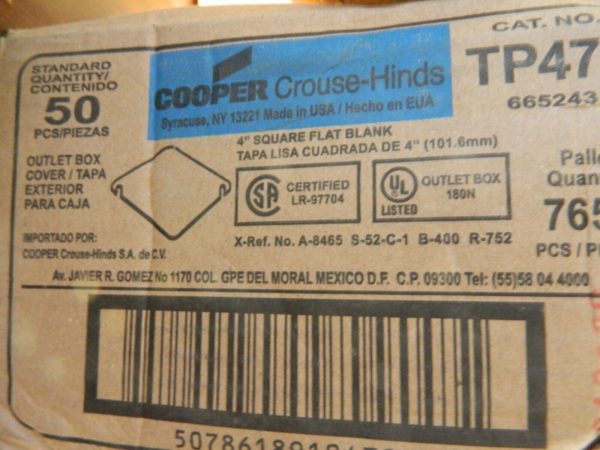 Cooper Crouse-Hinds 4" Steel Electrical Box Square Cover QTY 50