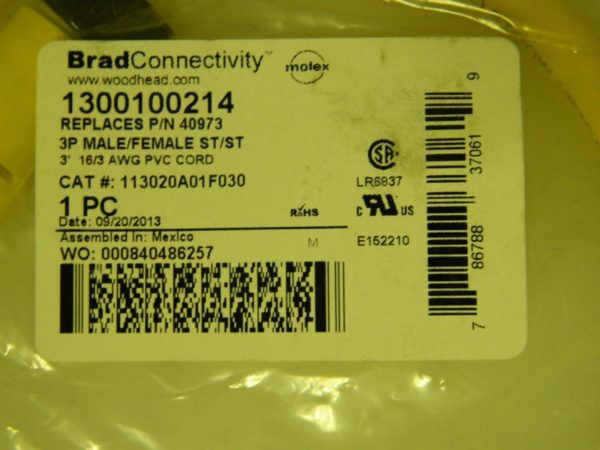 BradConnectivity Molex Mini-Change A-Size Double-Ended Cordset 3 Pole 1300100214