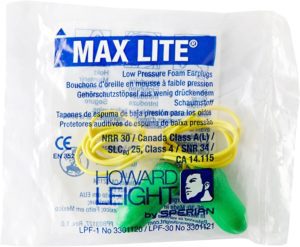 Howard Leight LPF30 Max Lite Corded Earplugs, Green, box of 100 Pairs