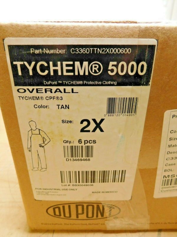 BOX of 6 Dupont Tychem5000 Bib Overalls Tan Adjustable 2XL C3360TTN2X000600