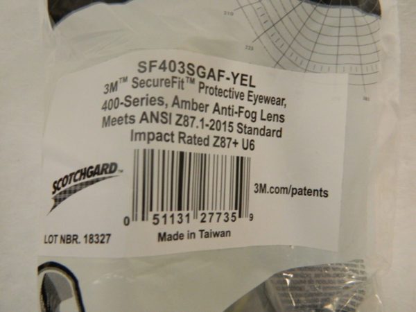 3M Secure Fit Protective Eyewear Amber Anti-Fog Lens Qty 6 SF403SGAF-YEL