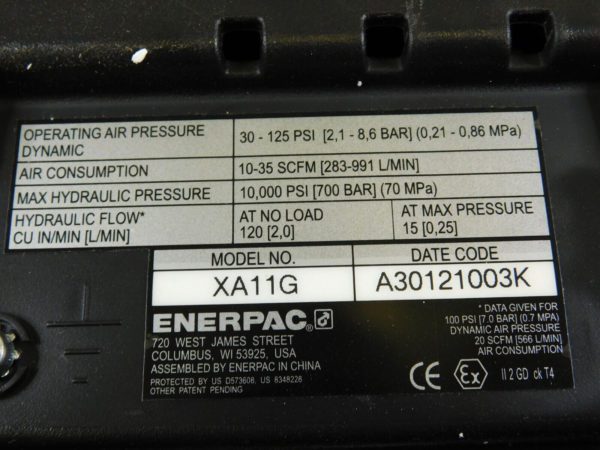 Enerpac Air Driven Hydraulic Pump 3/3 Valve 61 cu in Oil Capacity XA11G