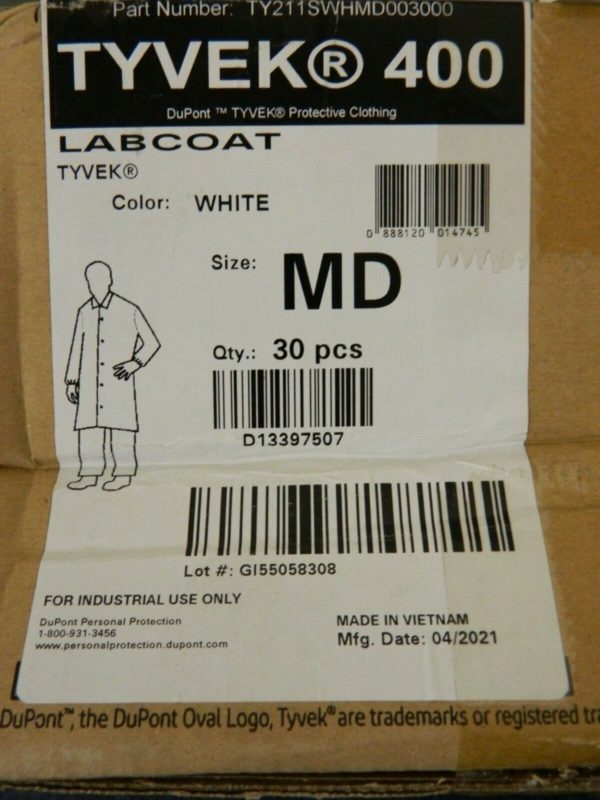 Dupont Pack of (30) Size M White Disposable Chemical Resistant Lab Coats
