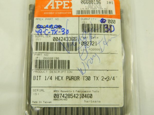APEX T30 Torx Bit 1/4″ Hex Drive, 6″ OAL Qty 30 49-C-TX-30