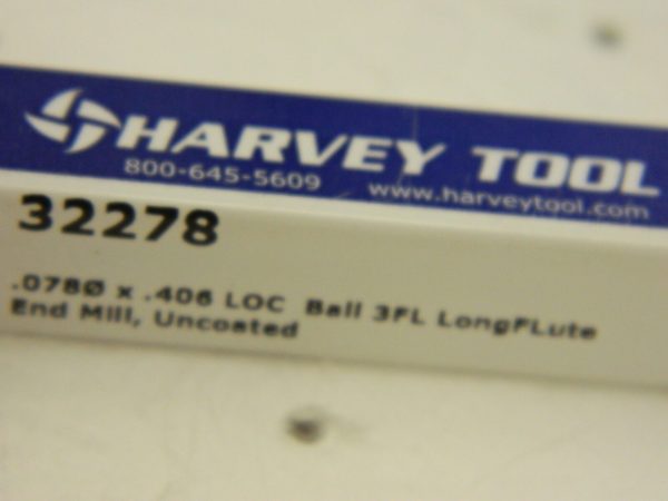 HARVEY TOOL Ball End Mill: 0.078″ Dia, 0.406″ LOC, 3 Flute, Solid Carbide 32278