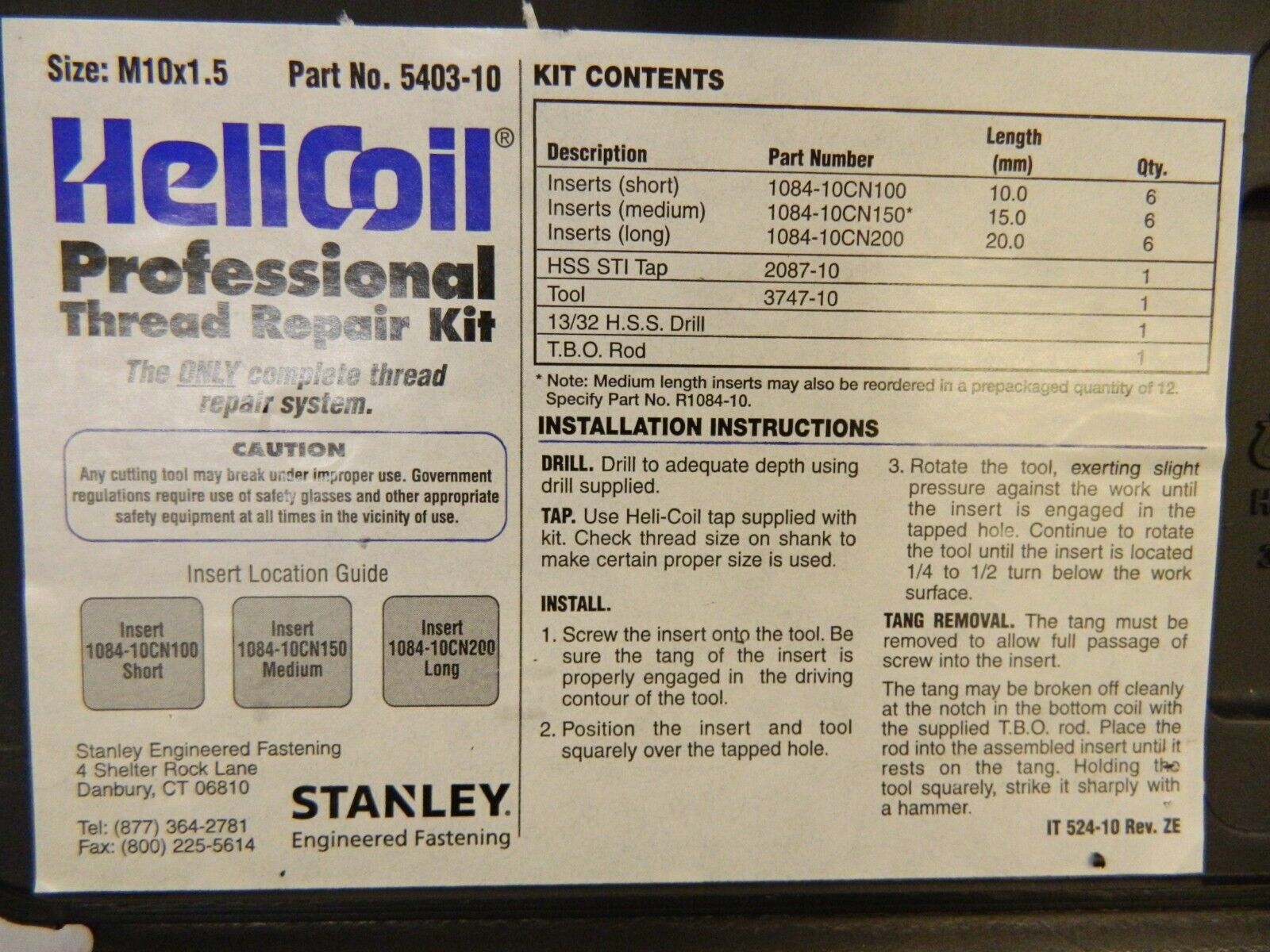 Thread Repair Kit: Threaded Insert