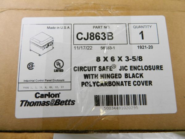 Thomas&Betts Circuit Safe JIC Encloseure 8"x6"x3-5/8" Black Polycarbonate CJ863B