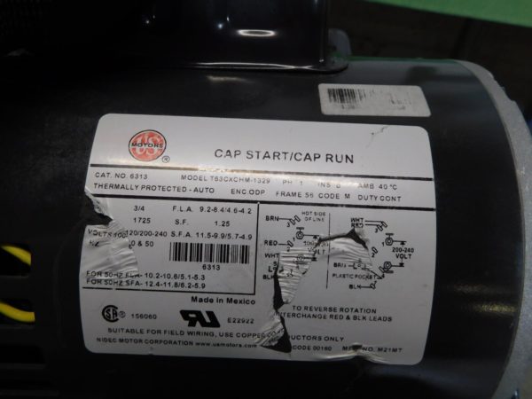 US Motors Capacitor Run/Start 1-Phase Motor 6313 PARTS/REPAIR