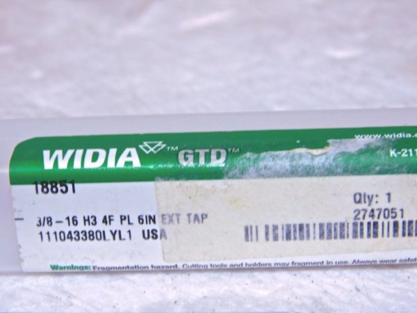 Widia GTD HSS Extension Hand Plug Tap 3/8-16 H3 Thread Limit 6” OAL 18851 USA