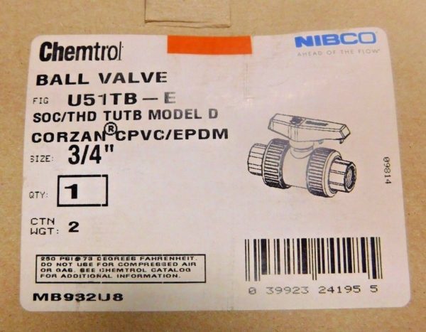 Nibco Chemtrol Ball Valve 3/4" Model D Universal End Corzan CPVC/EPDM U51TB-E