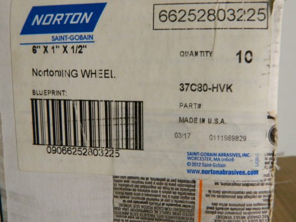 Norton Surface Grinding Wheel 6" x 1" x 1/2" 80G Qty 10 66252803225