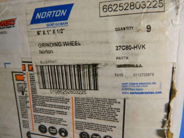 Norton Surface Grinding Wheel 6" x 1" x 1/2" 80G Qty 9 66252803225