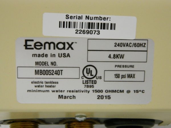 Eemax 240VAC Electric Water Heater 4.8 KW 20A Amp 12 Wire Gauge MB005240T