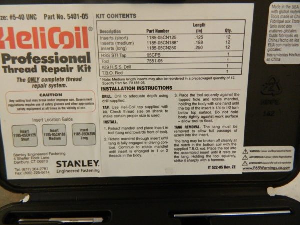 HELI-COIL Thread Repair Kit: Threaded Insert 0.188″ Insert Length 5401-05