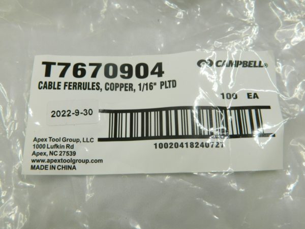 CAMPBELL Wire Rope Ferrule & Stop: 1/16″ Rope Dia, Copper Qty 1,500 T7670904
