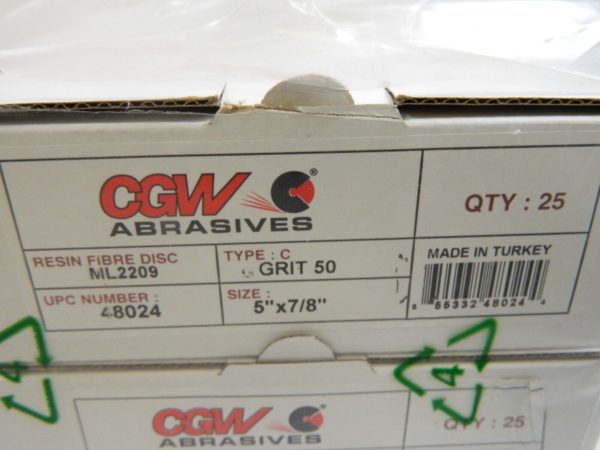 CGW ABRASIVES Fiber Disc: 5″ Disc Dia, 7/8″ Hole, 50 Grit, qty 100 48024