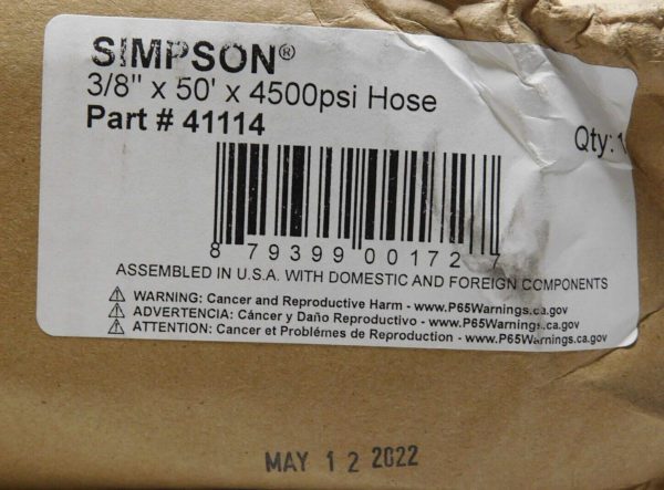 Simpson Hot & Cold Water Replacement/Extension Hose 3/8" x 50Ft 4500 PSI 41114