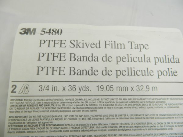 3M 5480 PTFE Skived Film Tape - 3⁄4" x 36 yds Qty 2 Rolls 70016054390
