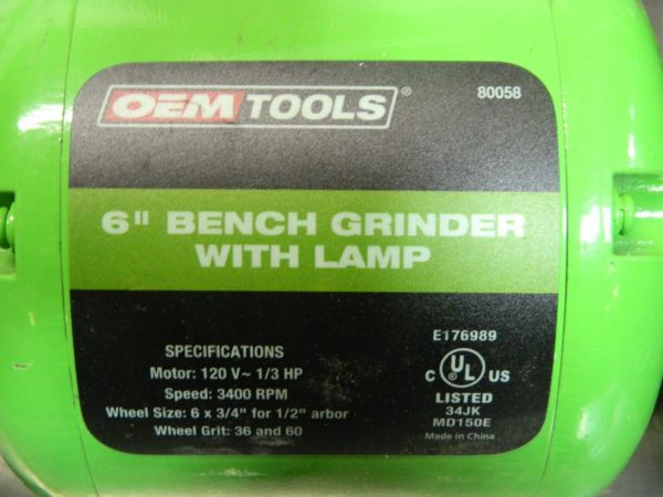 OEM Tools 6" Bench Grinder w/ Light 3400 RPM Max. 1/3 HP 120v 80058 Damaged