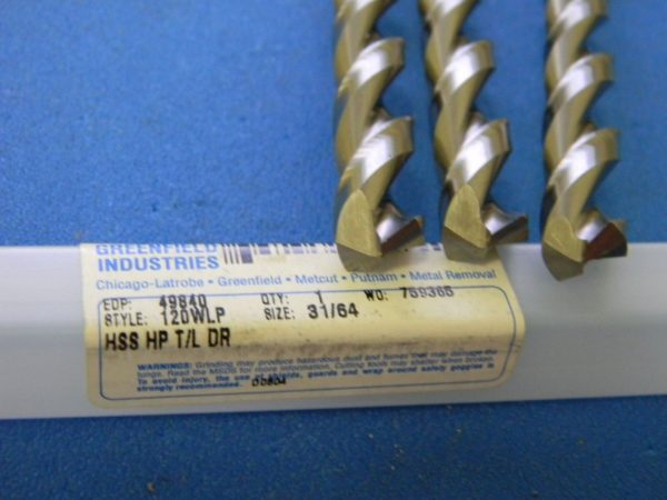 Greenfield Industries 31/64" HSS Taper Length Bright Drill Qty. 3 #49840