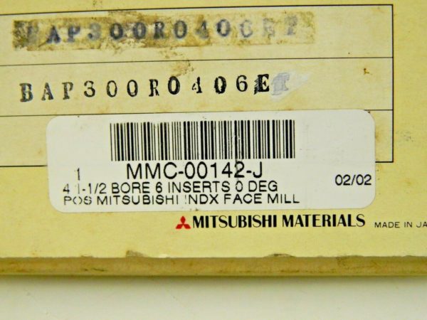 Mitsubishi Index Face Mill Cutter 1-1/2" Bore x 4" Diam 6 Inserts BAP300R0406ET