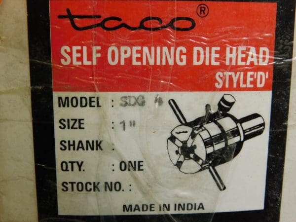 Taco Self Opening Died Head Style D 1/4" - 1" Cap X 1" Shank W/O Chasers SDG-4