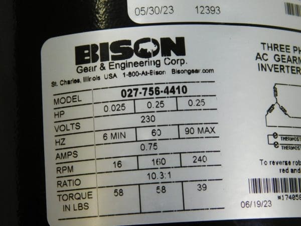 BISON GEAR 3-Phase Inverter Duty Gear Motor 230V 60Hz 027-756-4410 PARTS/REPAIR