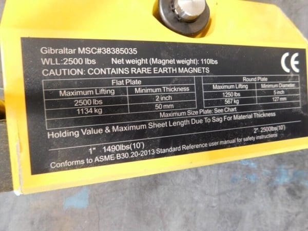 GIBRALTAR Magnetic Lifter: 2,500 lb Capacity DEFECTIVE 1PLM-103-G